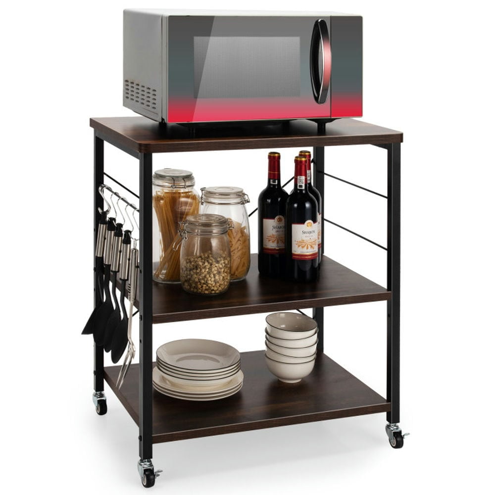 Canddidliike 3-Tier Kitchen Baker's Rack Microwave Oven Storage Cart with Hooks-Charcoal Brown, Bakers Rack Kitchen Storage Shelf