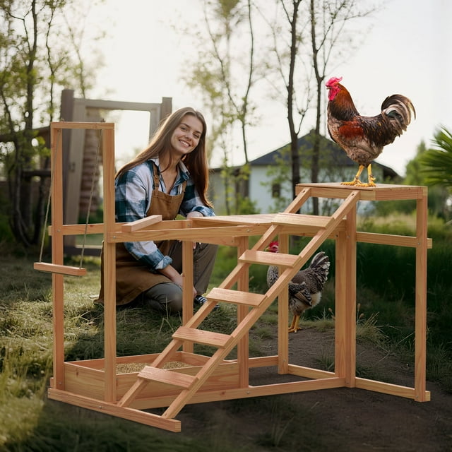 Chicken Coop Roost Gym Activity Play Toy Perches For Outside with Swing, Ramp, Platform, Food Storage