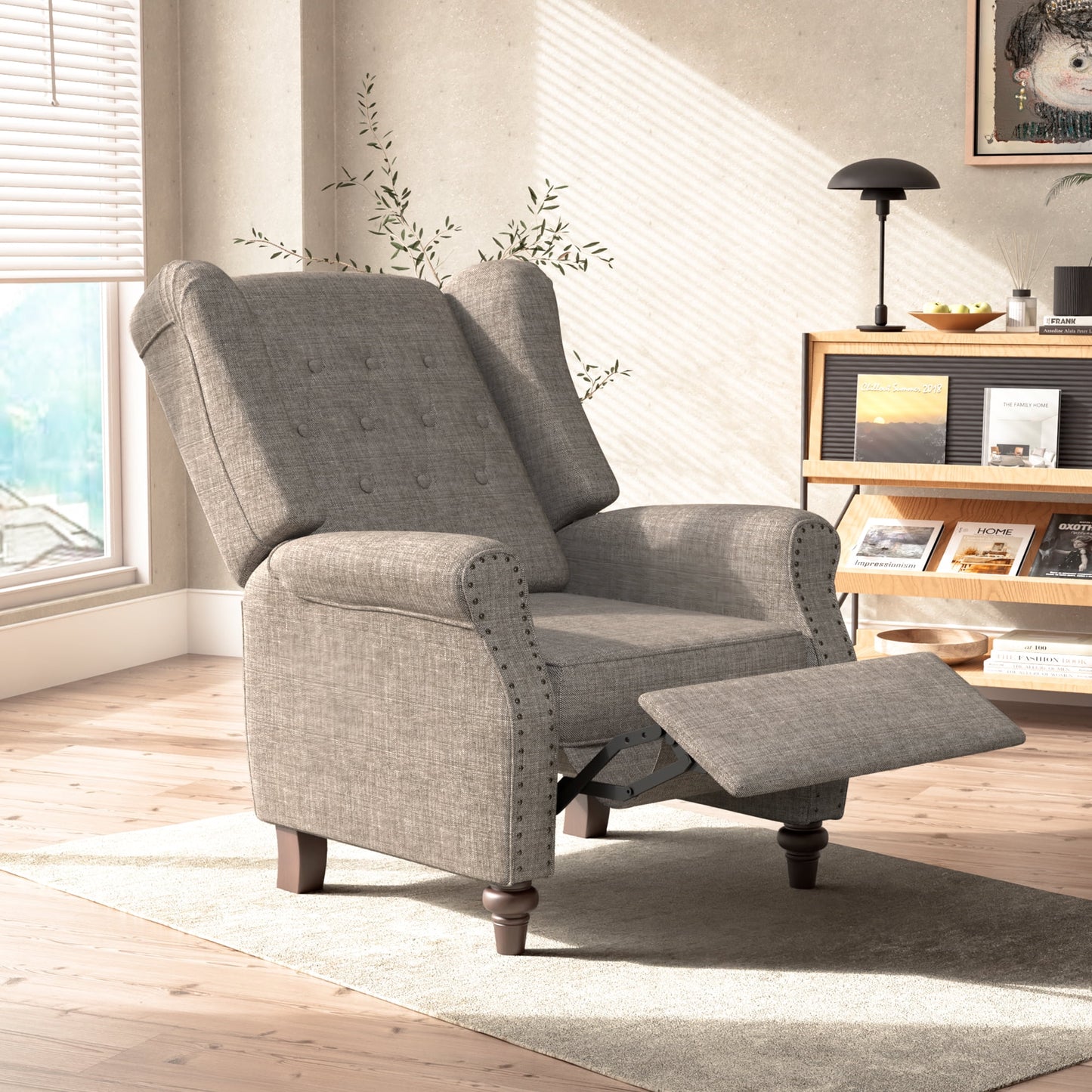 COOLHUT Manual Wingback Recliner Chair, Vintage Accent Chair, Upholstered Single Sofa with Adjustable Backrest and Footrest, Fabric Leisure Chair for Living Room Bedroom, Khaki