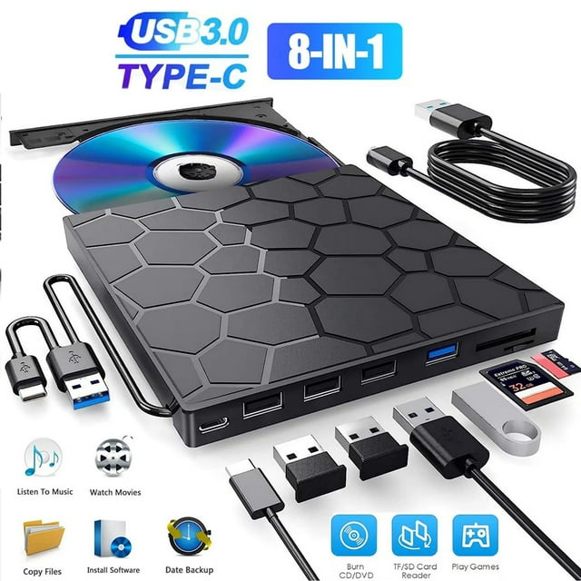 External CD/DVD Drive for Laptop,DVD Player for Laptop,8 in 1 USB 3.0 Ultra-Slim Portable,CD ROM+/-RW Burner External Disk Drive Optical Compatible with Laptop Desktop Mac,OS Windows 11/10/8/7 Linux