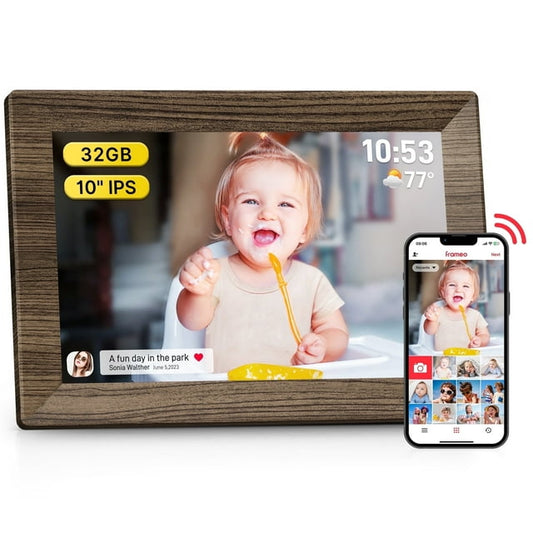 FRAMEO Wood Grain WiFi Digital Photo Frame 10.1 inch 1280x800 IPS LCD Touchscreen Electronic Photo frame with 32GB Memory, Auto-Rotate, Slideshow, Wall Mountable, Instantly Share via the frameo App