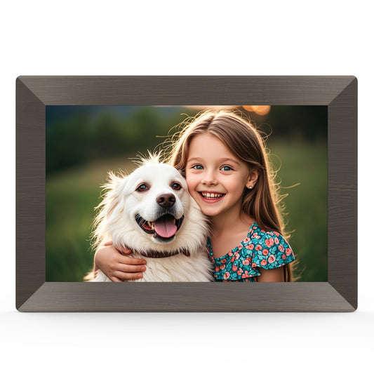 FRAMEO Wood WiFi Digital Photo Frame 10.1 inch 1280x800 IPS LCD Touchscreen Electronic Photo frame with 32GB Memory, Auto-Rotate, Slideshow, Wall Mountable, Instantly Share via the frameo App