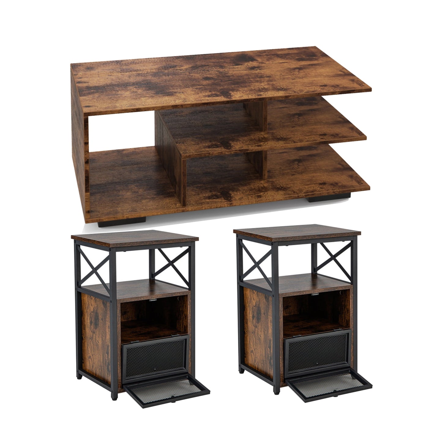 Finihen 3-Piece Industrial Coffee Table Set, Rectangular Coffee Table with L-shaped Middle Shelf & 2 Modern Nightstands with 2 Flip Drawers and Open Shelf, for Living Room, Brown