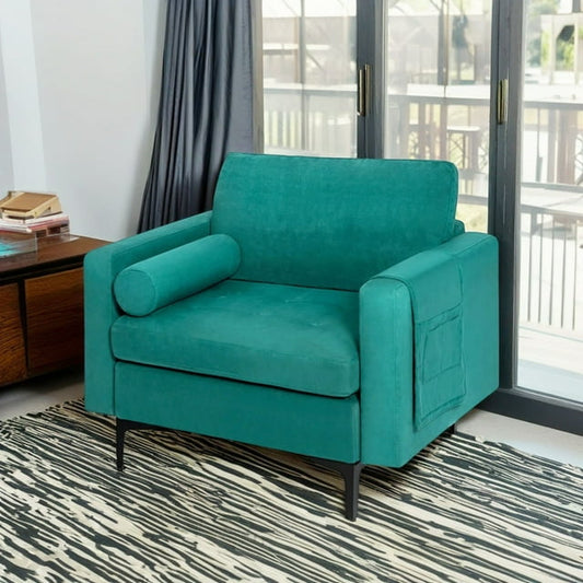 Finihen Upholstered Accent Chair, Modern Accent Chair with Bolster and Side Storage Pocket, for Living Room, Bedroom, Teal