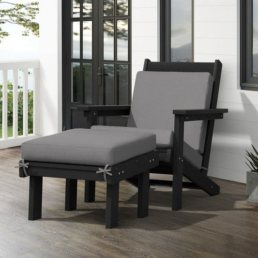 Folding Adjustable Adirondack Chair with Retractable Ottoman and Cushion, HDPE Weather-Resistant Oversized Outdoor Chair, Wood-Like Reclining Versatile Adirondack Chair,BLACK