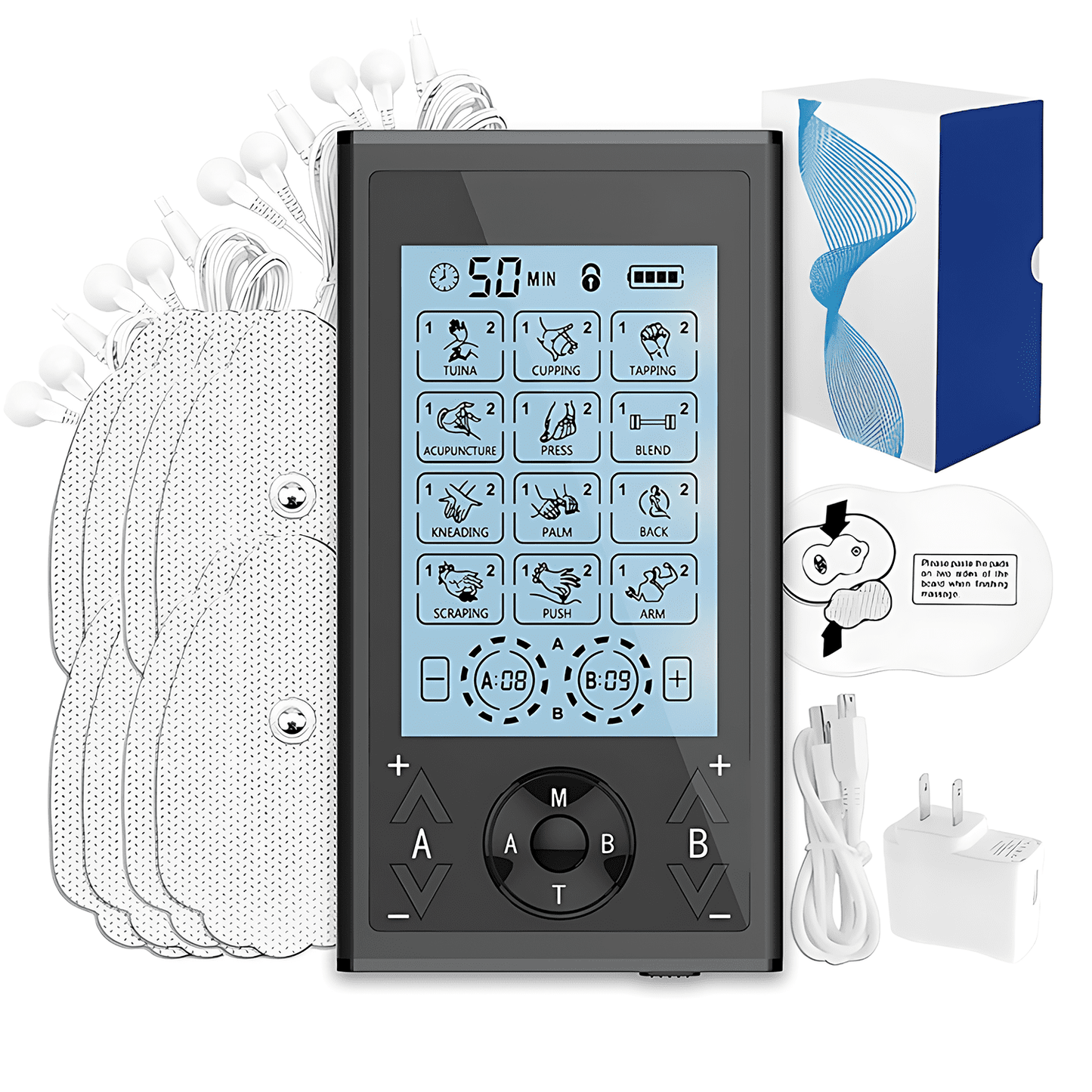 Four Channel TENS Unit Muscle Stimulator - 24 Modes EMS Massage Machine with 20 Intensities for Shoulder Back, Rechargeable Electronic Pulse Massager with 16 TENS Pads