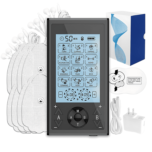 Four Channel TENS Unit Muscle Stimulator - 24 Modes EMS Massage Machine with 20 Intensities for Shoulder Back, Rechargeable Electronic Pulse Massager with 16 TENS Pads
