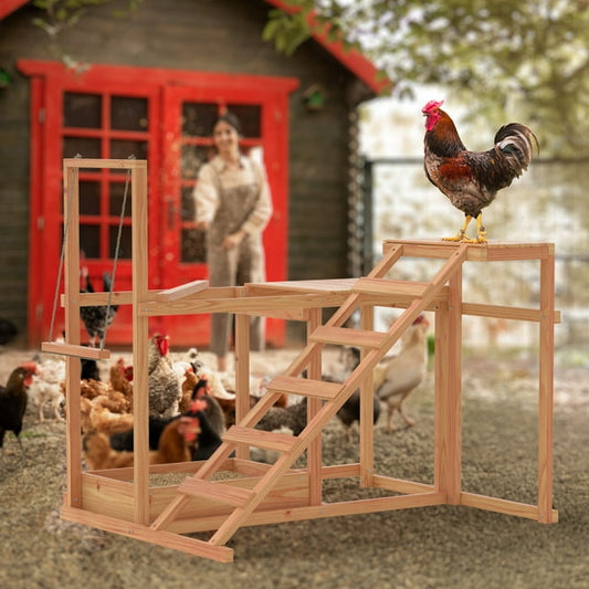 GOJOOASIS Chicken Activity Play, Wooden Bird Perches with Swing Toy, Ladder, Platforms, Food Storage Outdoor Poultry