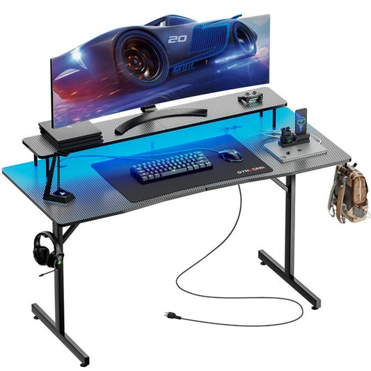 GTPLAYER 48" Gaming Desk, Ergonomic Computer Desk with Monitor Stand, Carbon Fiber Surface, Power Outlet & RGB Mouse Pad for Home Office