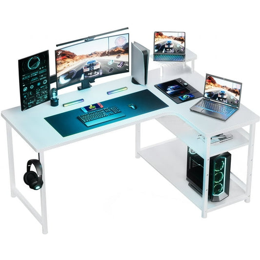 GTRACING Gaming Desk with Drawers, Carbon Fiber Style L Shaped Computer Desk Compatible with Monitor Arm Corner Desk Gaming Table for Home Office Desks, Easy to Assemble Adjustable Shelf Height