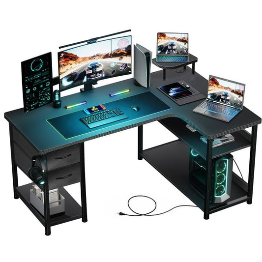 GTRACING Gaming Desk with Drawers, Carbon Fiber Style L Shaped Computer Desk Compatible with Monitor Arm Corner Desk Gaming Table for Home Office Desks, Easy to Assemble Adjustable Shelf Height