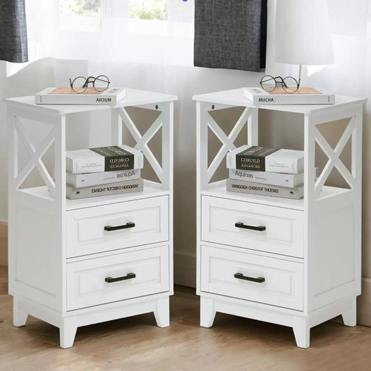 Heynemo Tall Nightstand, Side Table with 2 Drawers & Open Shelf on Top, Solid Feet, Ideal for Bedroom, Living Room, Home Office