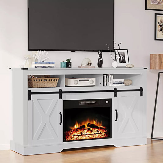Heynemo Fireplace TV Stand for 65''+, Farmhouse Entertainment Center with 23" Electric Fireplace with Remote and Sliding Bar Door