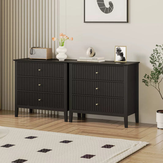 Heynemo Fluted 3 Drawer Dresser, Set of 1 with Ball Bearing Slide, Modern Nightstand Cabinet with Spacious Storage for Bedroom, Hallway, White