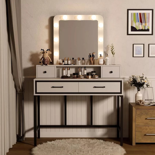 Heynemo Makeup Vanity Table with 3 Color Dimmable Lighted Hollywood Mirror, Makeup Vanity with 4 Drawers