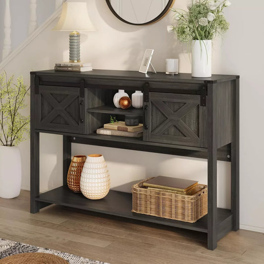 Heynemo Entryway Table with Storage Cabinets with Sliding Barn Door & Adjustable Shelf for Hallway, Living Room, Foyer