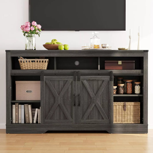 Heynemo Farmhouse TV Stand for 23" Fireplace, 34'' Tall Entertainment Center for 65''+ TV, TV Console with Sliding Bar Door for Living Room,