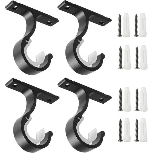 Genreen Curtain Rod Brackets Ceiling Mount and Wall Installation Curtain Rod Brackets Ceiling Curtain Rod Brackets Rod Holders for 1 Inch Rod, Black Color, (Set of 4,Black)