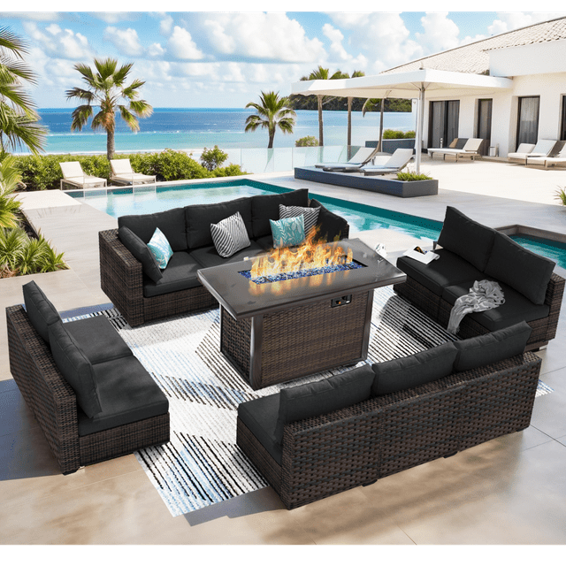 Grezone 11 PCS Outdoor Patio Furniture Set with Fire Pit Table, Wicker Patio Conversation Set, Black