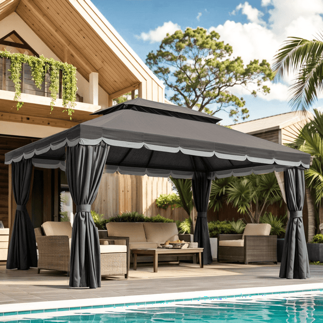 Grezone 10×13 FT Deluxe No Screws\ Gazebo,Double Roof Outdoor Shelter Tent with Mosquito Nettings and Privacy Screens
