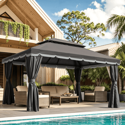 Grezone 10×13 FT Deluxe No Screws\ Gazebo,Double Roof Outdoor Shelter Tent with Mosquito Nettings and Privacy Screens