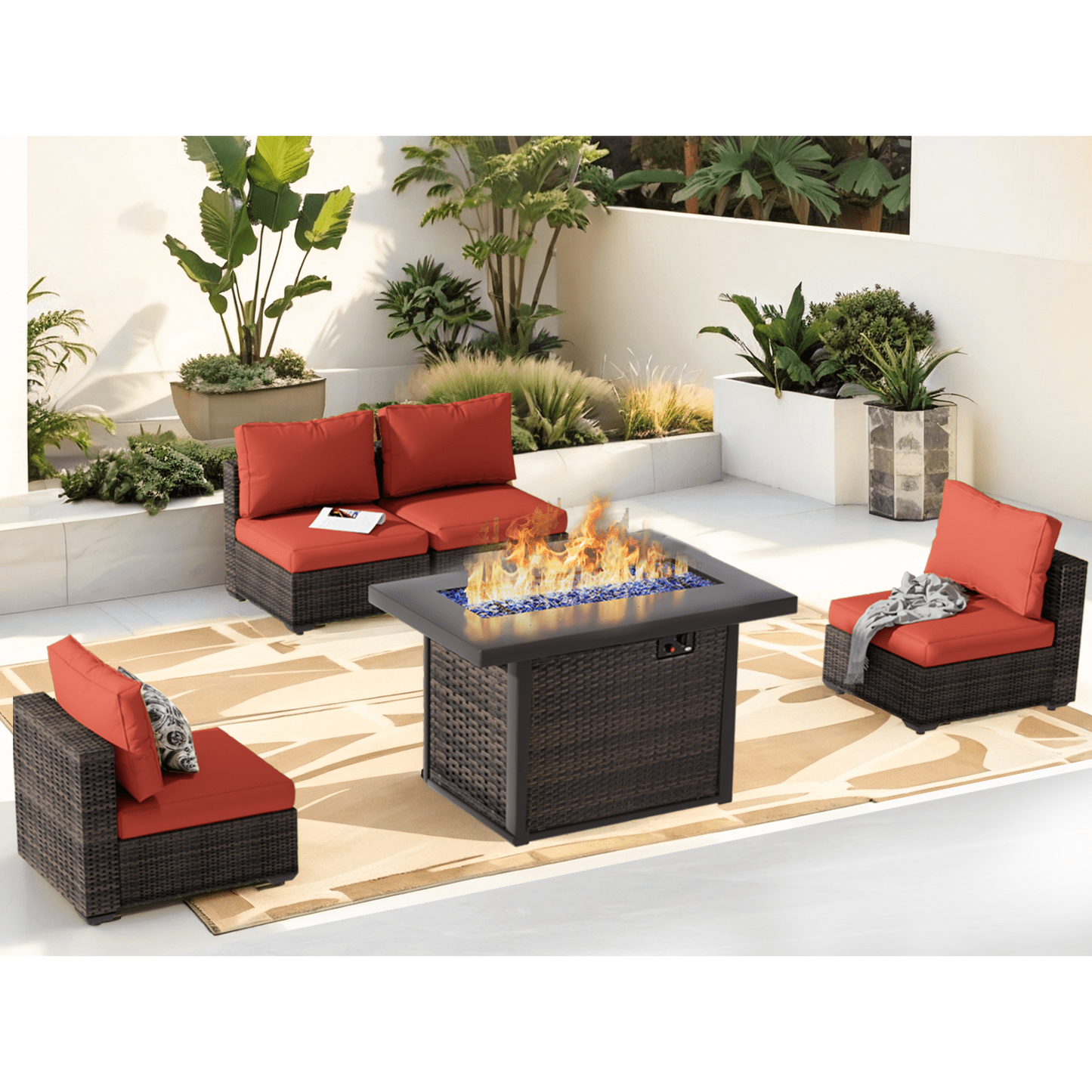 Grezone 5 PCS Outdoor Patio Furniture Set with Fire Pit Table, Wicker Patio Conversation Set, Red