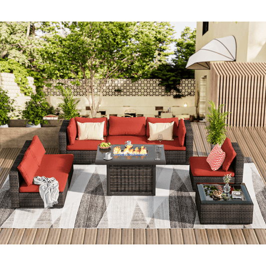 Grezone Outdoor Garden 8 Piece Patio Furniture Rattan Wicker Sectional Set, Red