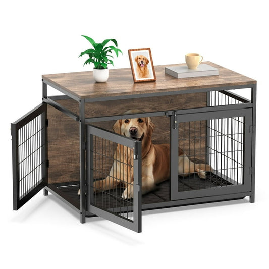 HIJOB Dog Crate Furniture, Three-Door Pet Kennel Indoor with Removable Tray, End Table for Home, Heavy Duty Wood Dog Crate House for S/M/L Size Dogs, 37.4" L, Rustic Brown