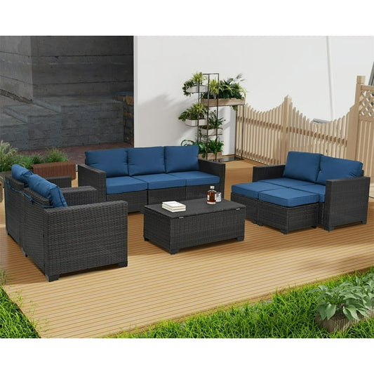 HighSound 10 Piece Patio Furniture Set with Storage Table, All-Weather Rattan Wicker Patio Sectional Sofa Set for Backyard (Deep Brown with Peacock Blue Cushions)