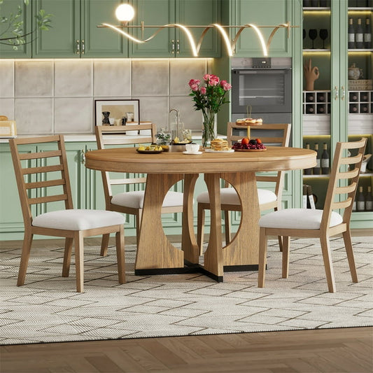 HighSound 5-Piece Dining Table Set, Mid-Century Wood Kitchen Table with Extendable Dining Table & 4 Upholstered Dining Room Chairs, Natural