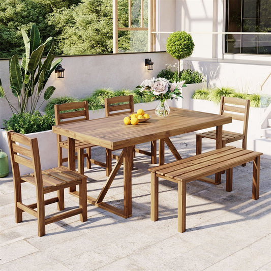 HighSound 6-Piece Outdoor Acacia Wood Dining Set, Patio Table and Chairs Set with Bench for 6-7 People, Outdoor Dining Furniture Set for Garden, Backyard and Poolside, Natural