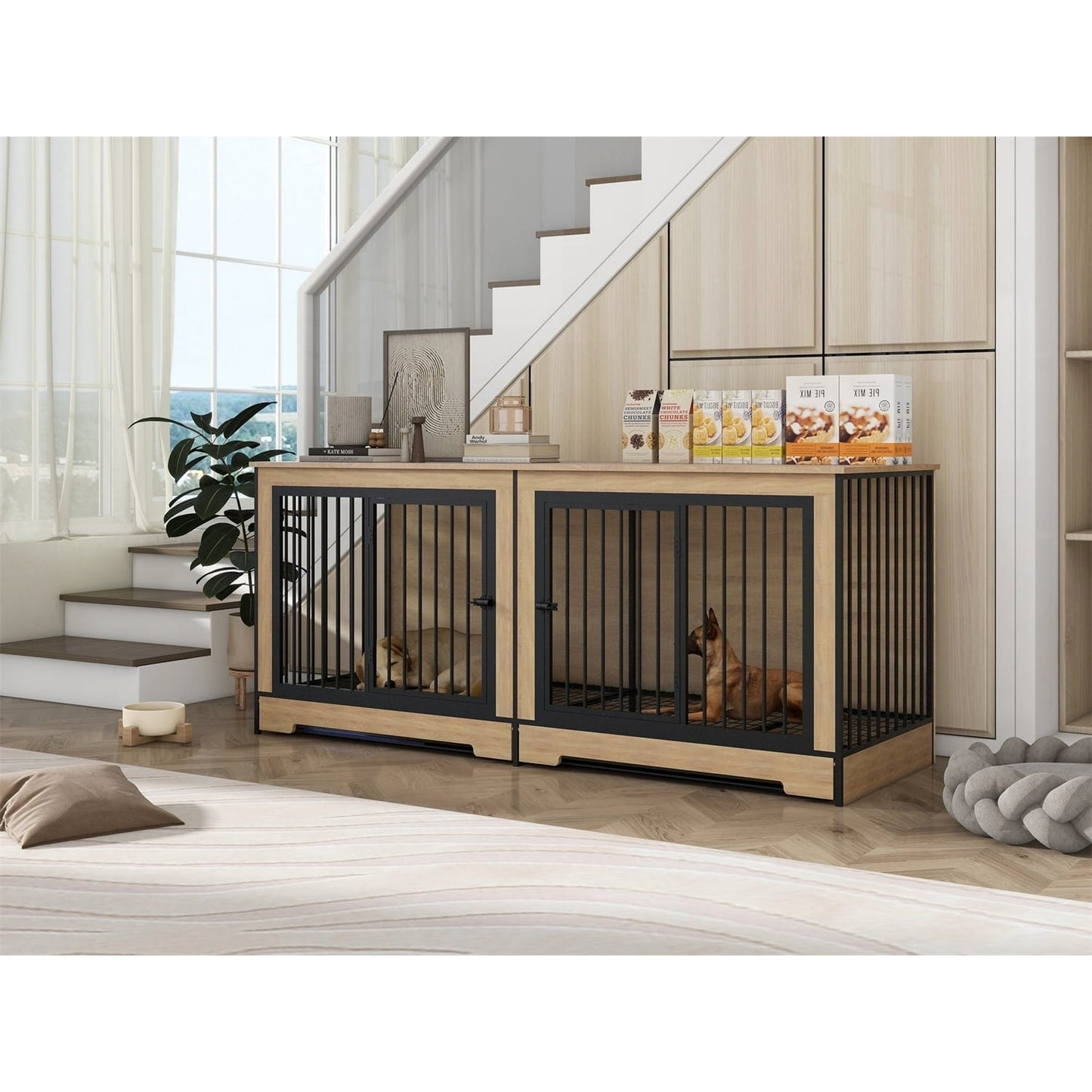 HighSound 75" Dog Cage Furniture for 2 Dogs, Large Double Dog Crate Furniture, XL Thick Wooden Dog Crate Furniture TV Stand, Sturdy Dog Kennel Furniture Dog Crate with Divider