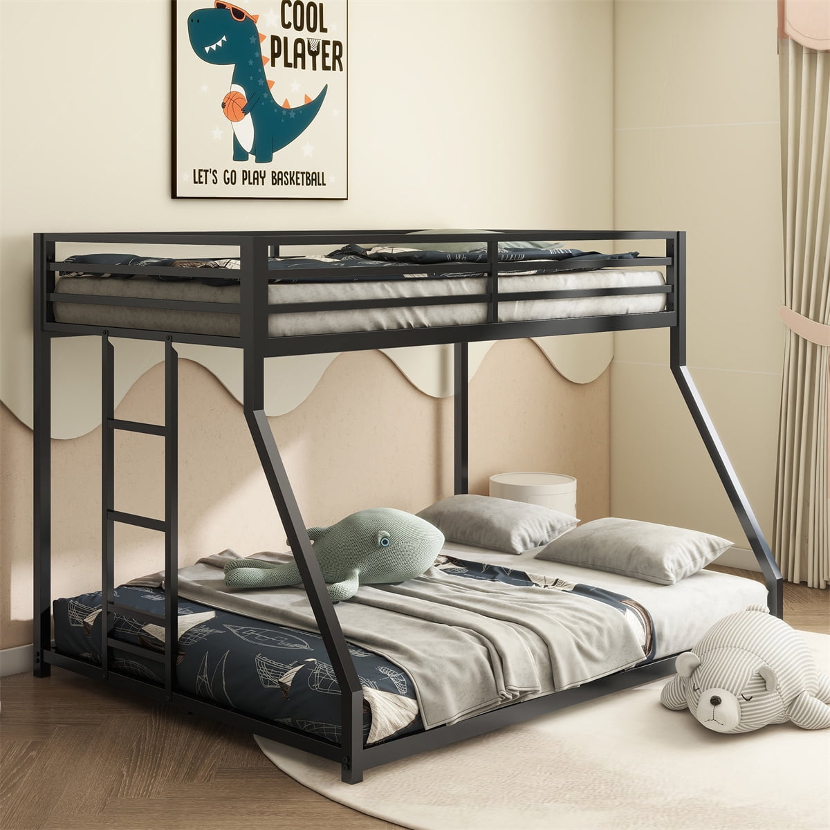 HighSound Metal Bunk Bed, Twin-Over-Full Low Bunk Bed Frame for Kids, Teens & Adults, with Ladder, High Full Length Guardrail, No Boxspring Required, For Small Spaces, Black