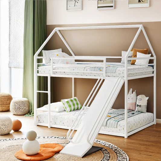 HighSound Metal House Bunk Bed with Convertible Slide, Ladder & Safety Guardrail, Twin over Twin Low Bunk Bed with House Shape & Roof, White