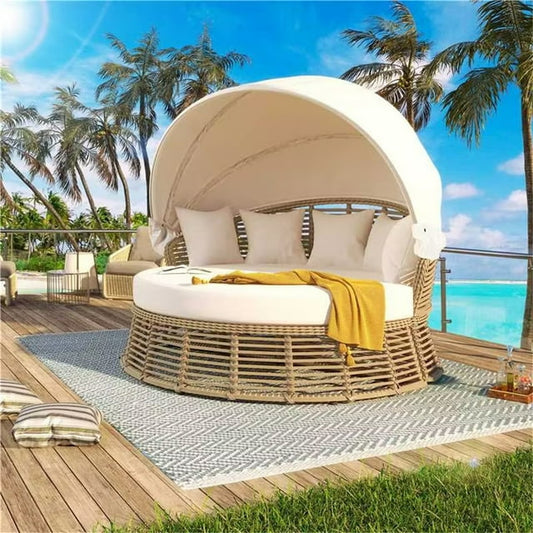 HighSound Outdoor Patio Daybed with Retractable Canopy, Wicker Furniture Poolside Sofa Sunbed, Convertible Daybed with Removable Cushions for Backyard, Porch, Lawn, Garden, Beige Cushions