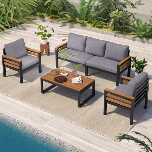 HighSound Patio Furniture Set, 4 Piece Outdoor Patio Furniture with Coffee Table Set, Metal Patio Conversation Sets with Washable and High-Resiliency Sponge Cushions, Gray
