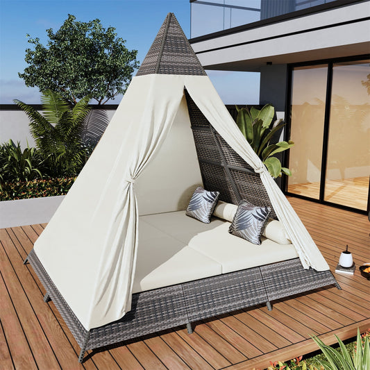 HighSound Patio Outdoor Daybed with Tent, Wicker Sunbed w/Cushions & Pillows, 2-Person Lounge Bed Conversation for Poolside Porch Garden, Backyard, Porch, Rattan Outdoor Bed, Beige