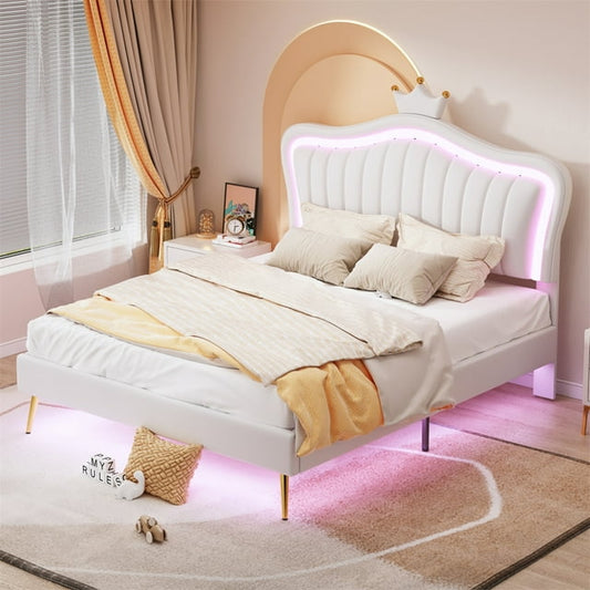HighSound Queen Size Bed Frame with Crown Headboard & LED Lights, Modern Upholstered Princess Bed, Platform Bed Frames, No Box Spring Needed, Noise Free, White