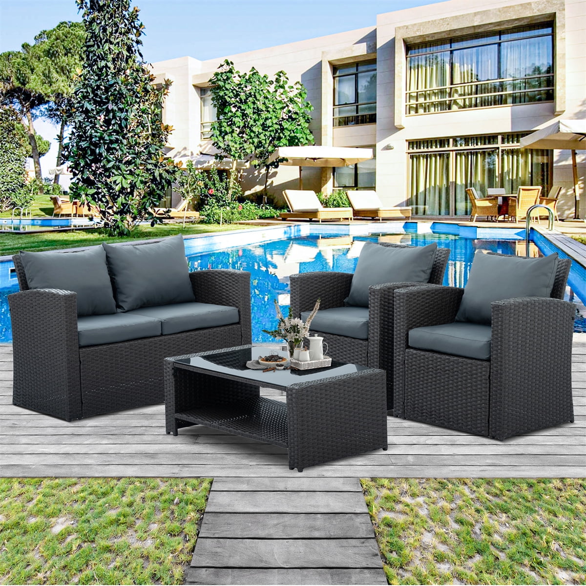 Highsound 4 Pieces Patio Furniture Set, All Weather Outdoor Rattan Sectional Conversation Sofa Chair with Coffee Table & Cushions