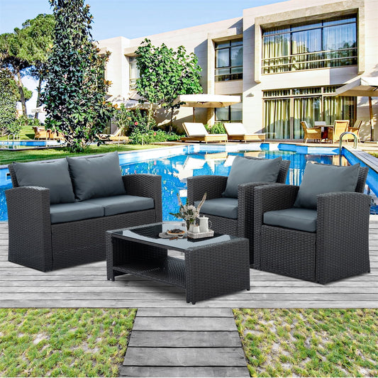 Highsound 4 Pieces Patio Furniture Set, All Weather Outdoor Rattan Sectional Conversation Sofa Chair with Coffee Table & Cushions