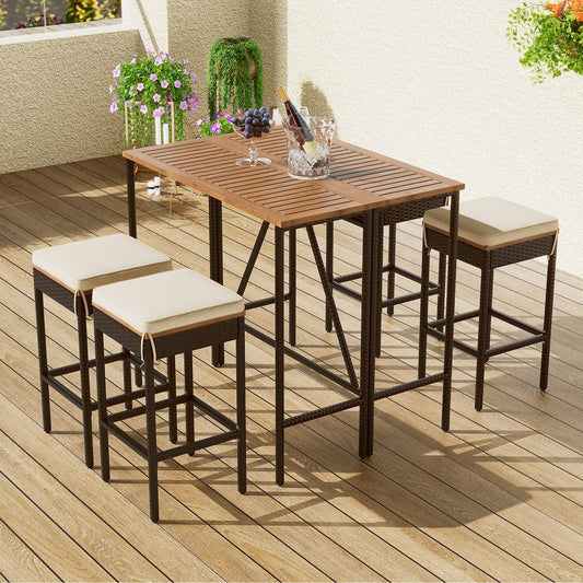 Highsound 5-Piece Outdoor Garden PE Rattan Wicker Dining Set, Acacia Wood Bar Height Table with 4 Cushioned Stools, Spave-Saving Foldable Bistro Set, Brown