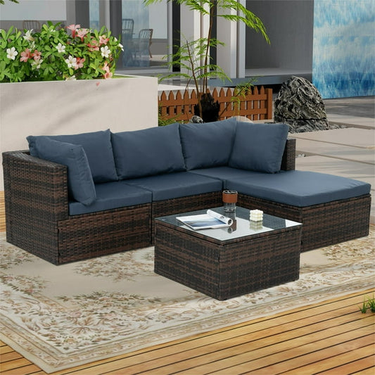 Highsound 5 Piece Outdoor Patio Furniture Sets, All Weather Outdoor Sofa PE Garden Furniture Wicker Rattan Patio Conversation Set with Coffee Table, Blue