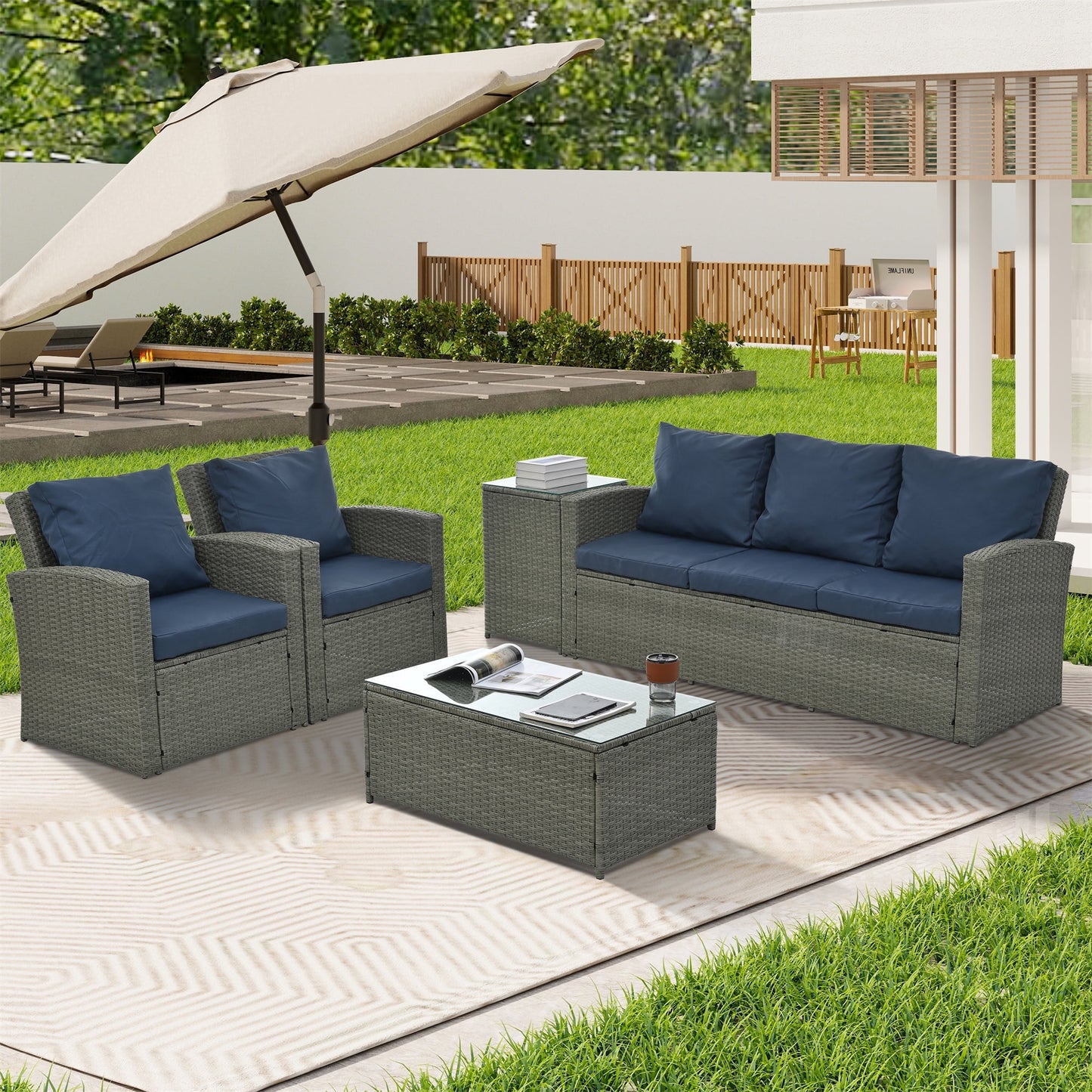 Highsound 5 Piece Patio Furniture Sectional Sets, Outdoor All-Weather PE Rattan Wicker Conversation Sets, Garden Sofa Set with 2 Coffee Tables & Blue Cushions