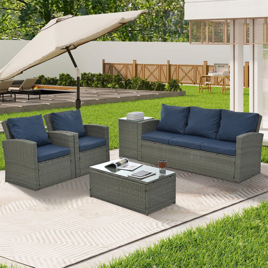 Highsound 5 Piece Patio Furniture Sectional Sets, Outdoor All-Weather PE Rattan Wicker Conversation Sets, Garden Sofa Set with 2 Coffee Tables & Blue Cushions