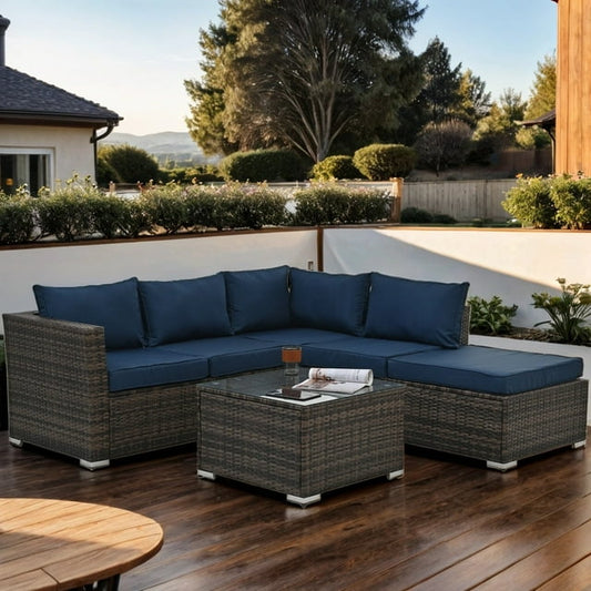 Highsound 4 Piece Patio Furniture Set, Outdoor Sectional Sofa PE Rattan Conversation Set with Table & Thickened Cushions for Garden Lawn Poolside, Navy Blue