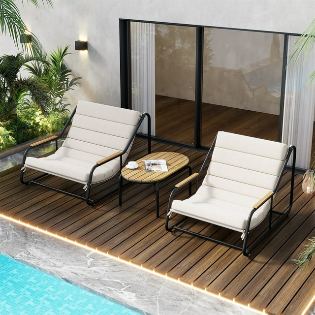 Highsound Patio Furniture 3 Piece Outdoor Bistro Chair Sets with Wood Coffee Table for Poolside Yard Backyard Lawn Garden Porch Deck Balcony, Black Steel & Beige Cushions