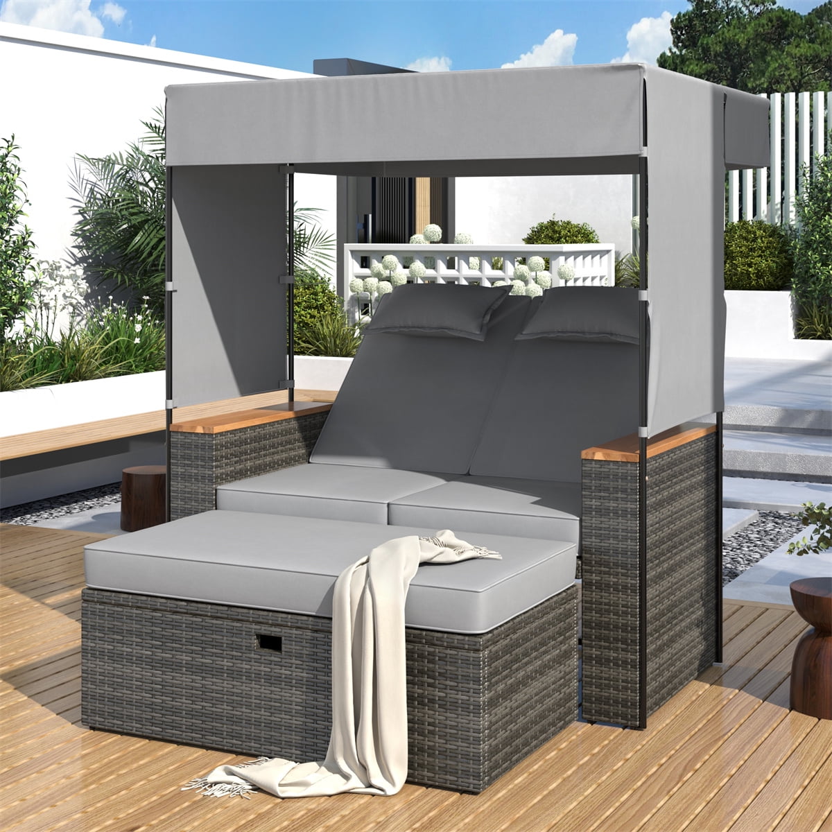 Highsound Patio Outdoor Daybed with Retractable Canopy, Rattan Wicker Sectional Seating with Washable Cushions & Side Table for Patio Backyard Porch Pool Round Daybed Separated Seating, Grey