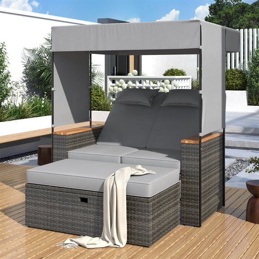 Highsound Patio Outdoor Daybed with Retractable Canopy, Rattan Wicker Sectional Seating with Washable Cushions & Side Table for Patio Backyard Porch Pool Round Daybed Separated Seating, Grey
