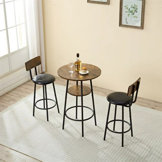 Hommoo 3-Piece Dining Round Table and Chairs Set, Industrial Bar Table Set Kitchen Table and 2 Stools on Breakfast Nook, Rustic Brown