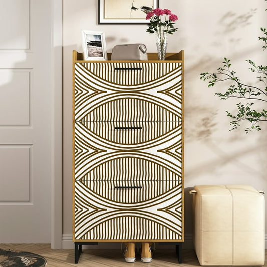 Hommoo 3 Tiers Flip Shoe Storage Cabinet with PVC painted, Modern Wood Shoe Rack Storage Organizer for Home, Brown